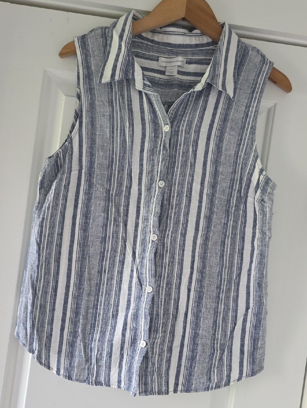Christopher & Banks Sleeveless Navy Blue and White Striped Button-Front Blouse